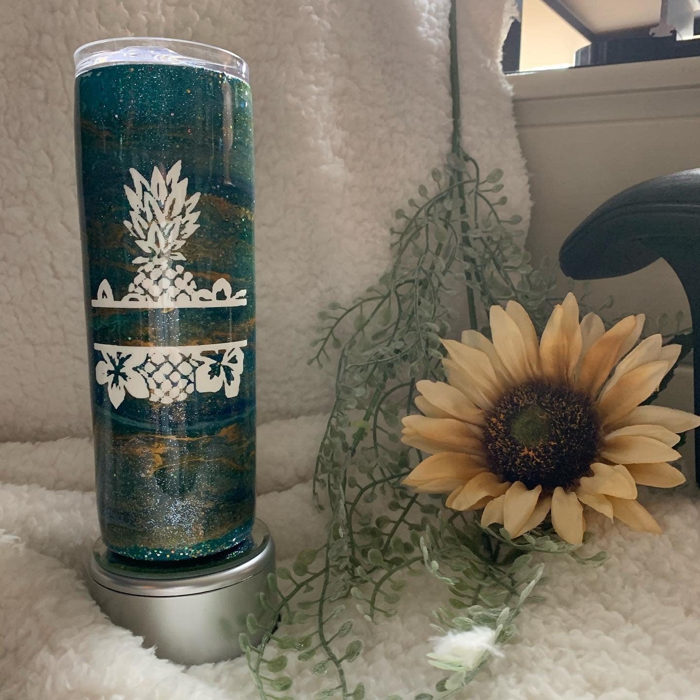 Custom tumbler Beach Life Blue teal and gold glitter white vinyl